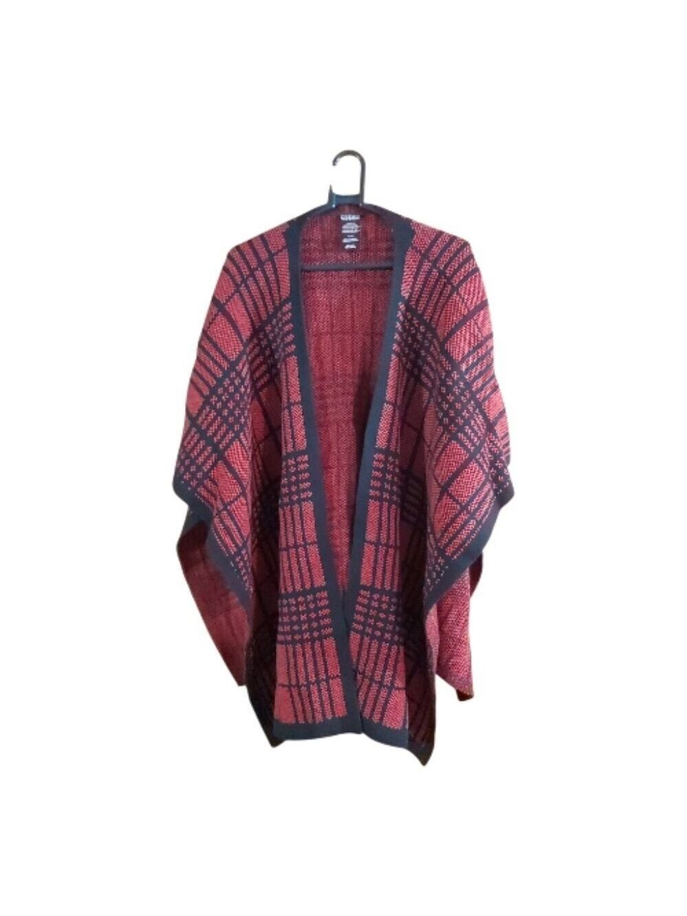 Nicole Miller Knit Cape Cardigan Open Front Plaid Burgundy Black Oversized Wrap